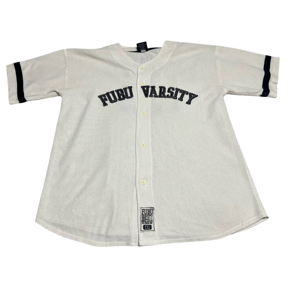 Vintage Fubu Varsity Jersey Mens 2XL XXL Cream Baseball Y2K Streetwear Hip Hop